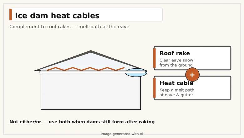 Simple house with ember zig-zag heat cable at the eave and ice highlight; callout cards for roof rake and heat cable joined by a plus