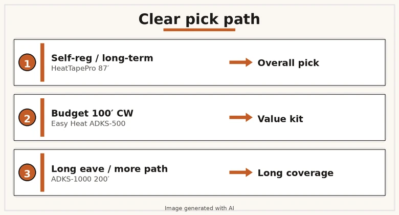 Three-row pick path — self-reg HeatTapePro 87′; budget ADKS-500; long-run ADKS-1000 200′ — one product each