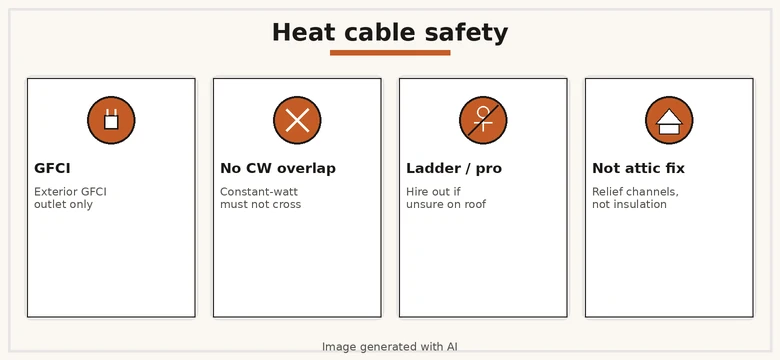 Four safety cards: GFCI, no CW overlap, ladder/pro if unsure, not a full attic fix
