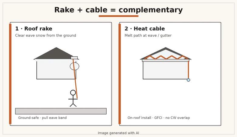 Two-panel diagram: left ground rake clearing eave snow; right cable zig-zag at eave/gutter with melt path
