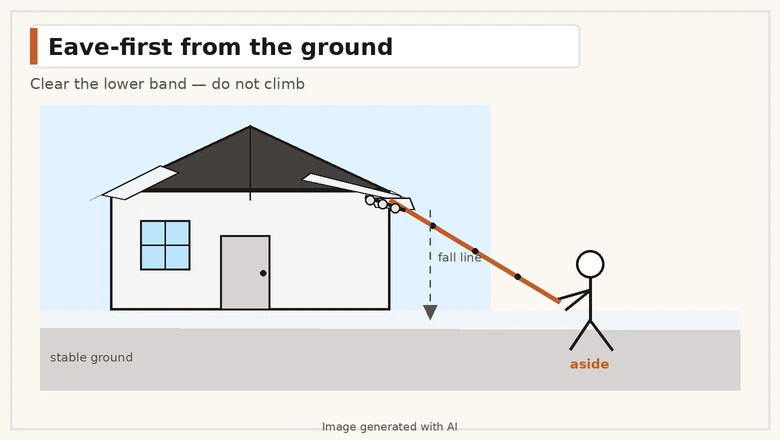 Homeowner on stable ground using a generic roof rake to clear the lower eave snow band on a one-story asphalt roof, standing aside of the fall line