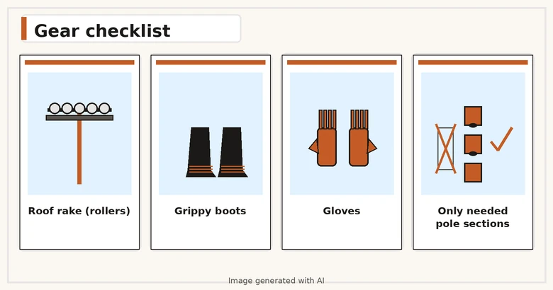 Simple gear strip — roof rake with rollers or slide, grippy boots, gloves, only the pole sections needed