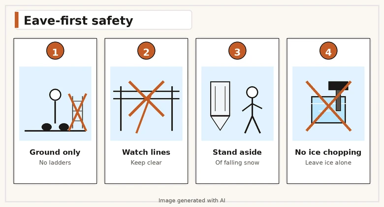Safety illustration showing ground-only stance, keep clear of power lines, and stand aside of falling snow