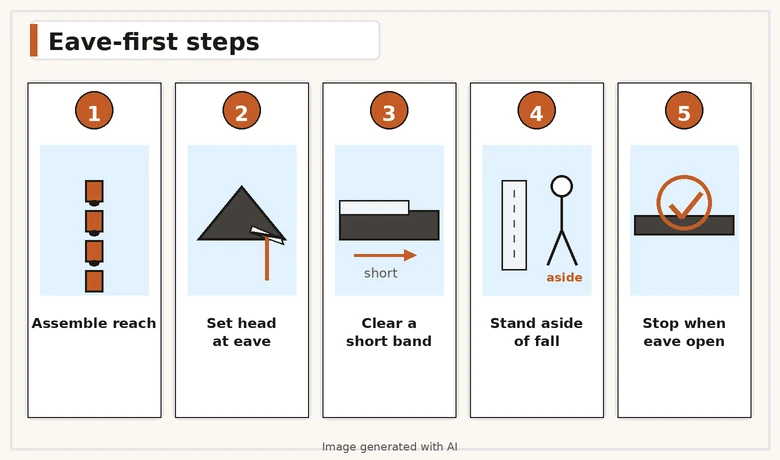 Simple numbered diagram showing assemble reach, set head at eave, clear a short band, step aside of falling snow, stop at open eave