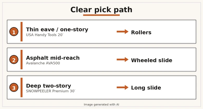 Decision card — thin eave one-story to USA Handy Tools 20′ rollers, asphalt mid-reach to Avalanche AVA500 wheeled slide, deep two-story to SNOWPEELER Premium 30′ long slide